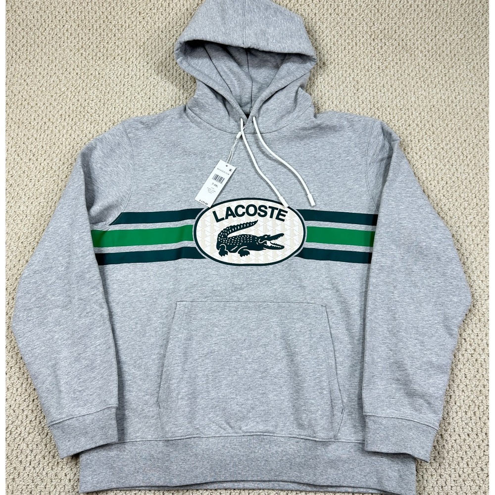 Lacoste Hoodie Mens 2XL Gray Classic Fit Crocodile Logo Monogram Sweatshirt NEW